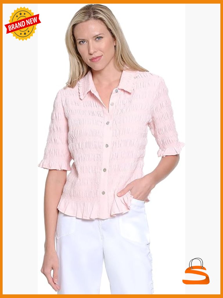 Button Front Smocked Top Elbow Sleeve Collared Neck